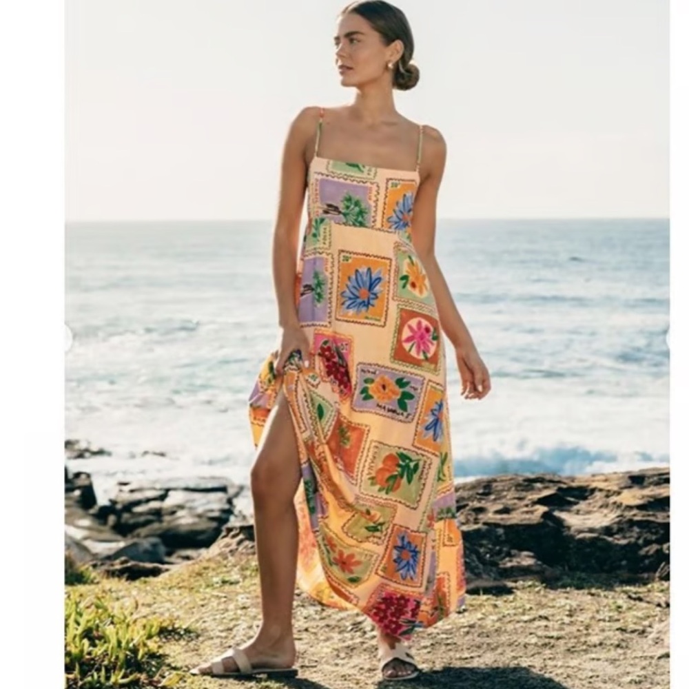 Anthropologie Paper Heart Womens Strappy Stamp Floral Postcard Maxi Dress XS - Picture 1 of 9